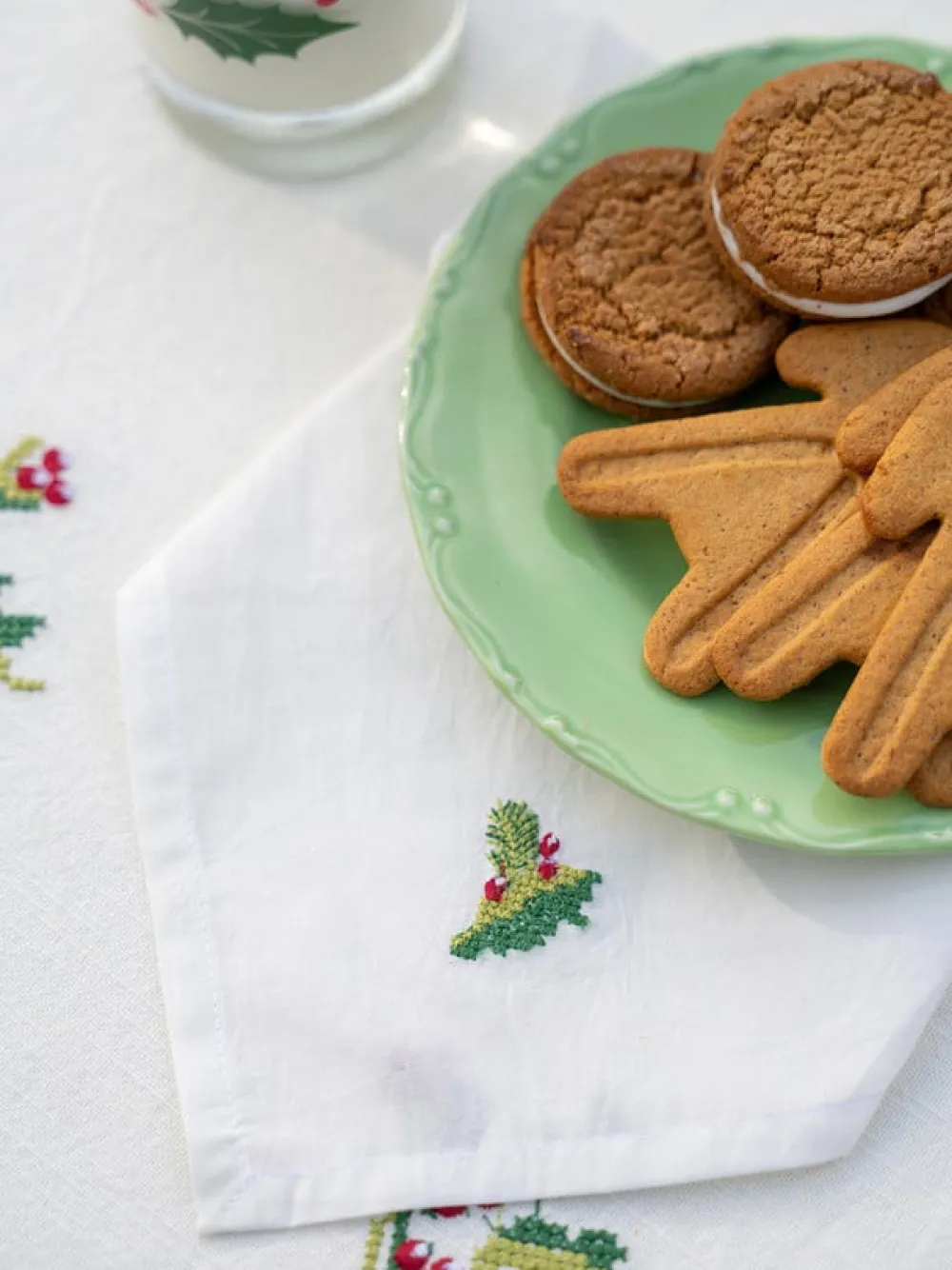 April Cornell Tea Towels|Candy Cane Ecru Cross Stitch Embroidered Tea Napkins
