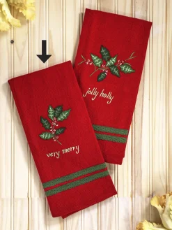 April Cornell Tea Towels|Holly Gingham Very Merry Embroidered Tea Towel