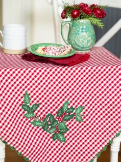April Cornell Tablecloths|Holly Gingham Embroidered Square Tablecloth, 36