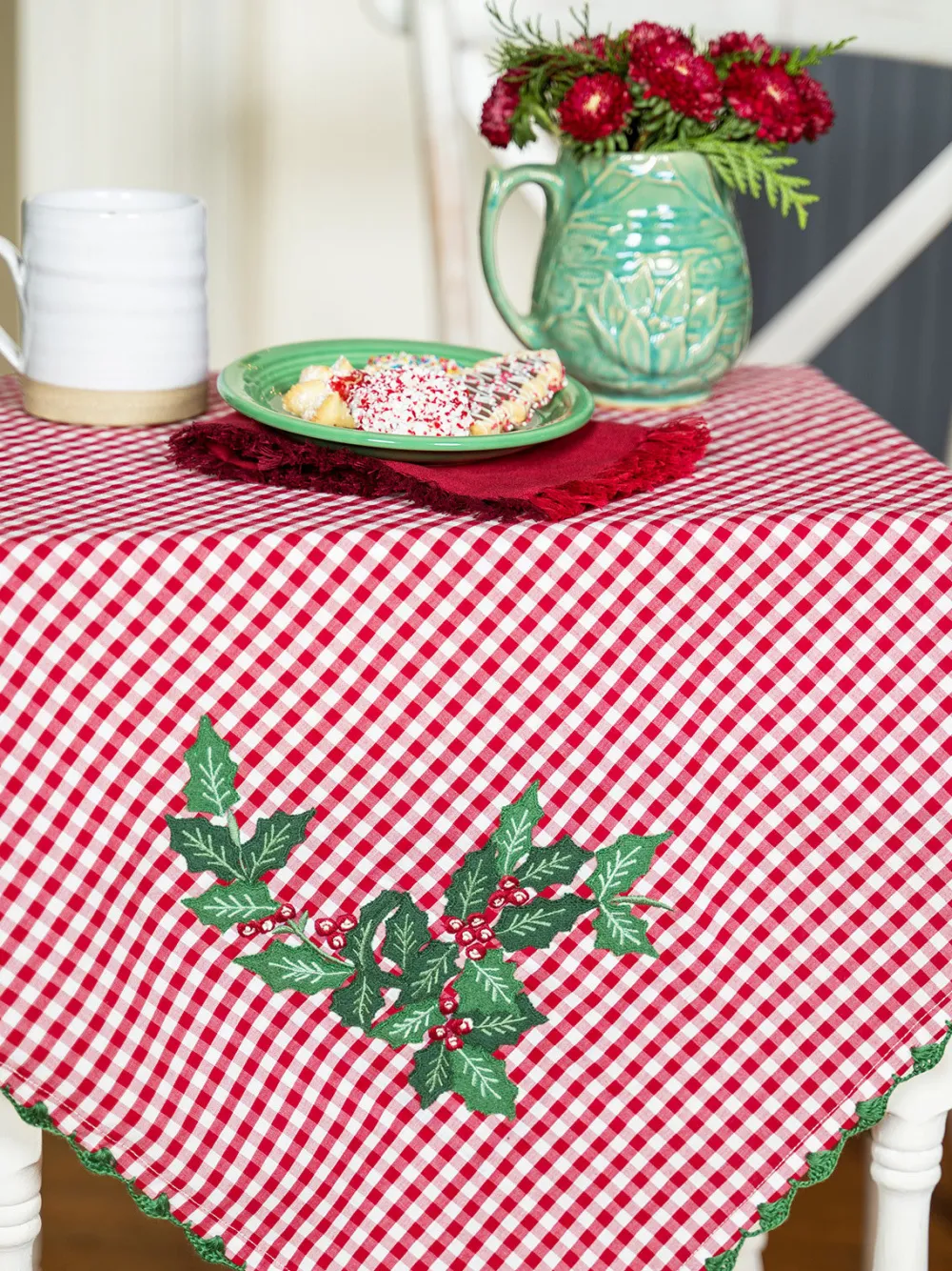 April Cornell Tablecloths|Holly Gingham Embroidered Square Tablecloth, 36" x 36"