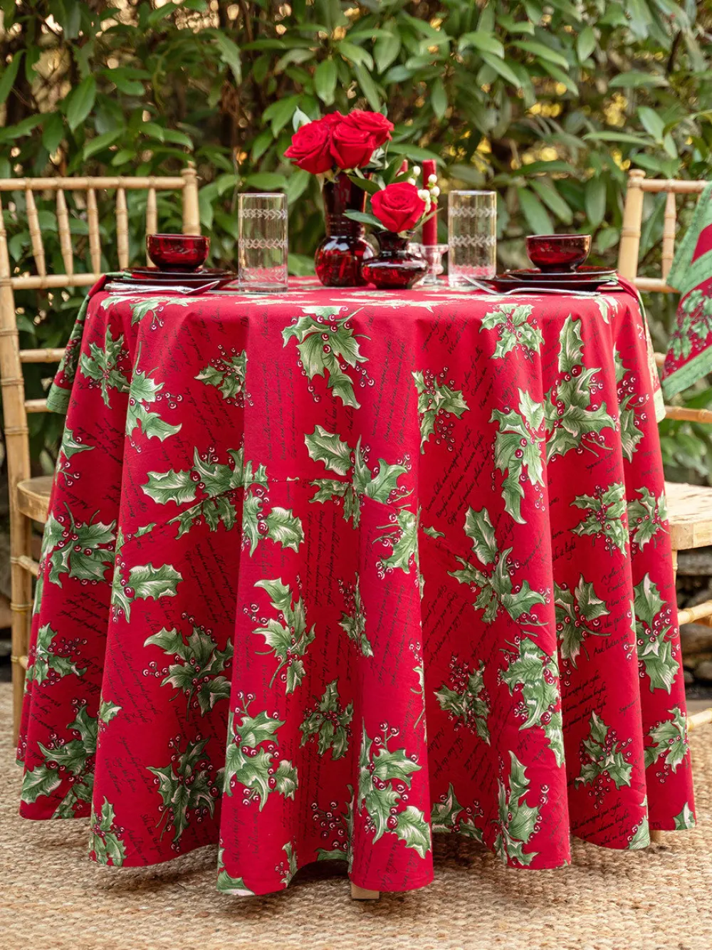 April Cornell Tablecloths|Holly Song Red 88" Round Tablecloth
