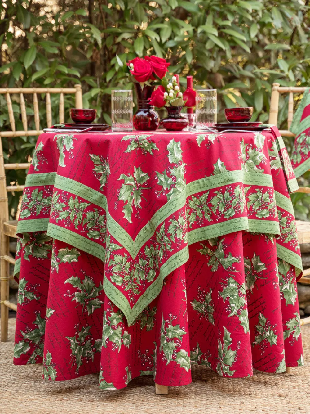 April Cornell Tablecloths|Holly Song Red 88" Round Tablecloth