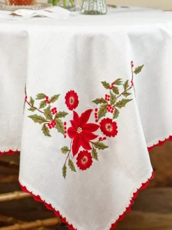 April Cornell Tablecloths|Poinsettia with Red Trim Embroidered Tablecloth, 36" x 36"