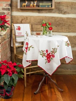 April Cornell Tablecloths|Poinsettia with Red Trim Embroidered Tablecloth, 36