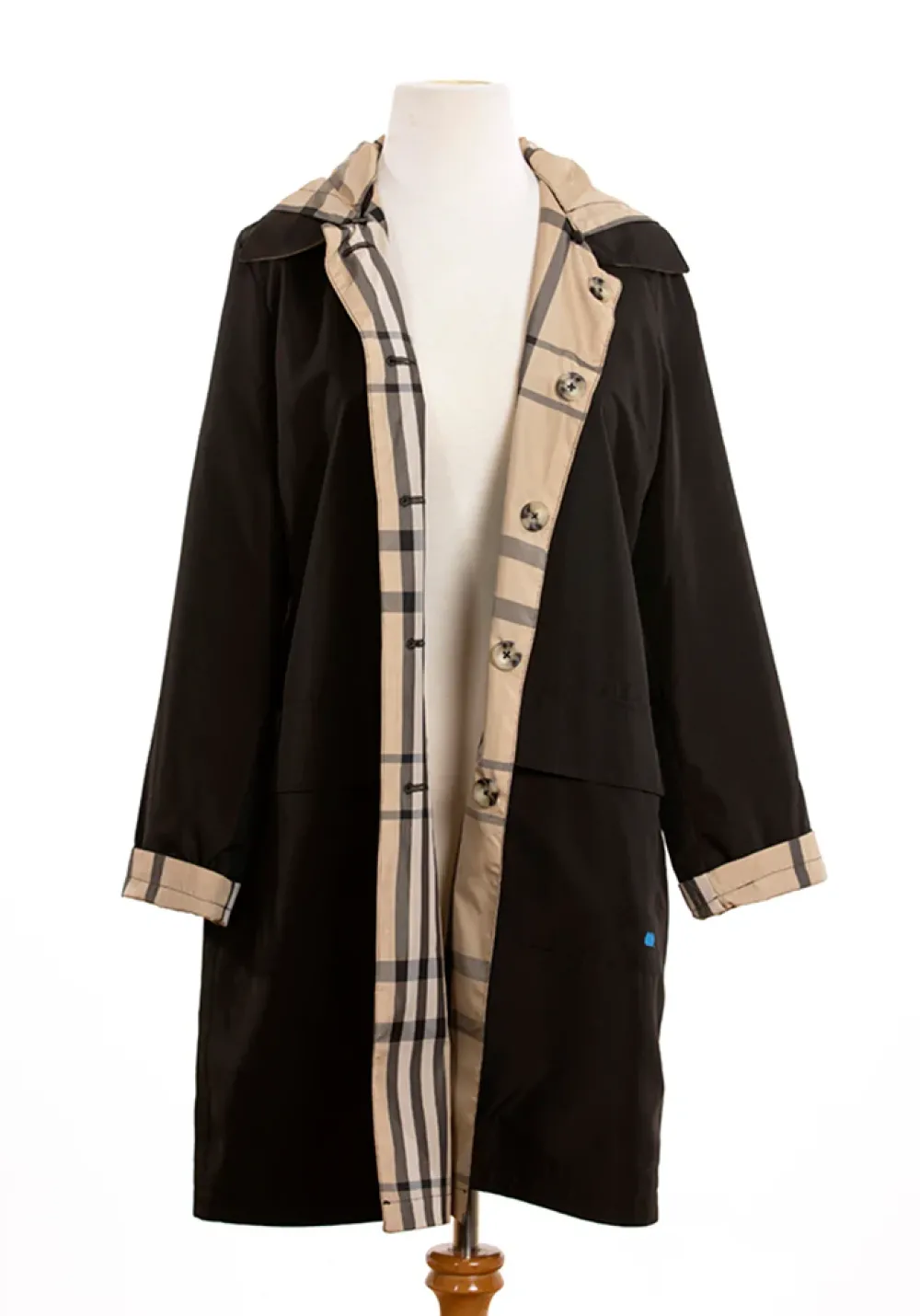 Rainwear & Umbrellas|Black & Plaid Rain Trench Coat with Detachable Hood
