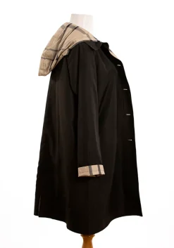 Rainwear & Umbrellas|Black & Plaid Rain Trench Coat with Detachable Hood