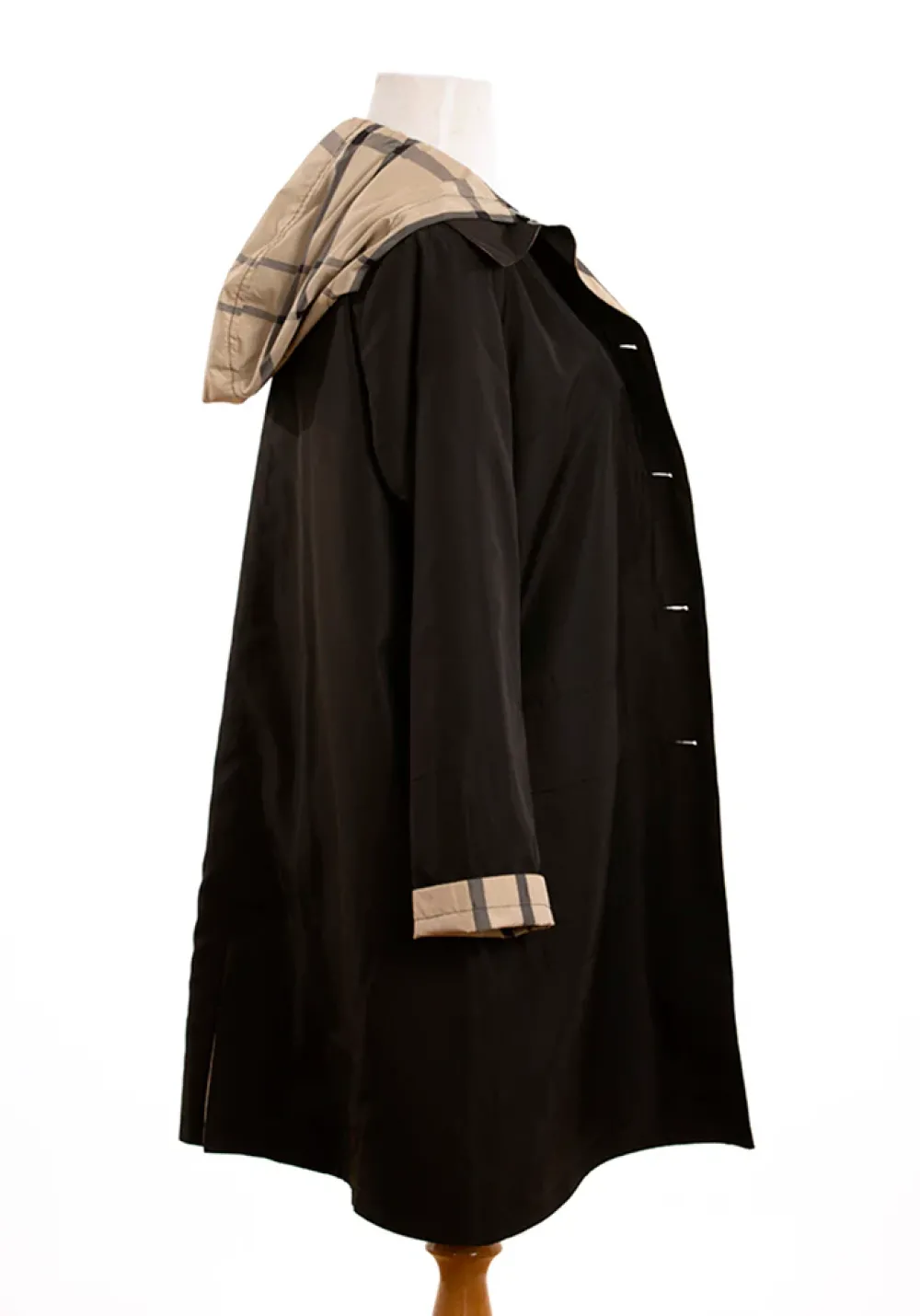 Rainwear & Umbrellas|Black & Plaid Rain Trench Coat with Detachable Hood