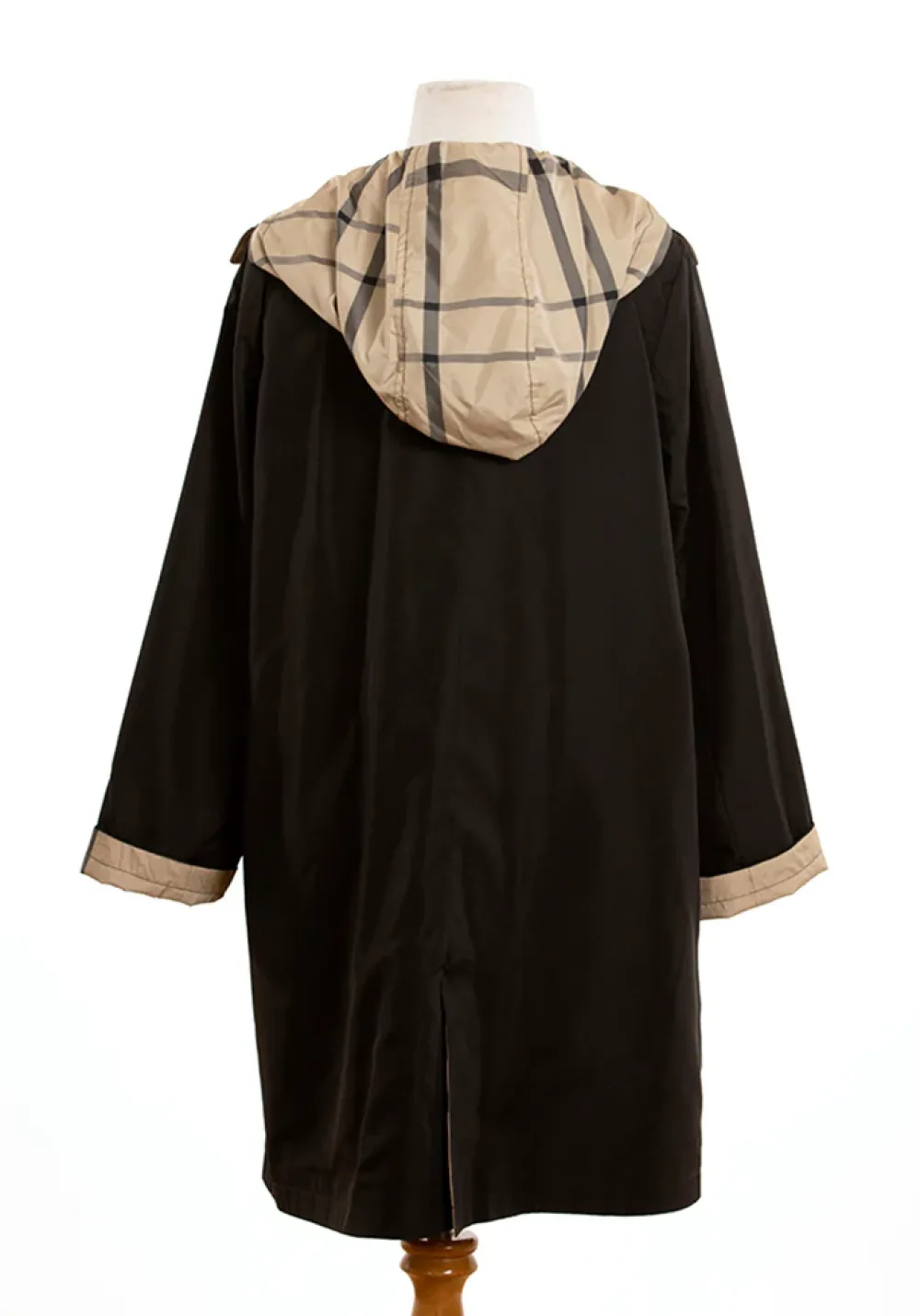 Rainwear & Umbrellas|Black & Plaid Rain Trench Coat with Detachable Hood