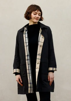 Rainwear & Umbrellas|Black & Plaid Rain Trench Coat with Detachable Hood