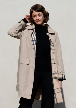 Rainwear & Umbrellas|Camel & Plaid Rain Trench Coat with Detachable Hood
