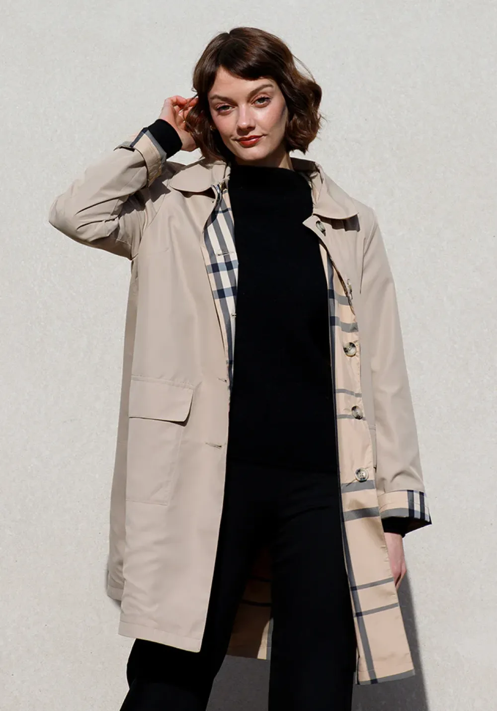 Rainwear & Umbrellas|Camel & Plaid Rain Trench Coat with Detachable Hood