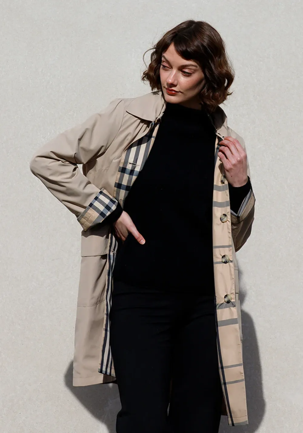 Rainwear & Umbrellas|Camel & Plaid Rain Trench Coat with Detachable Hood