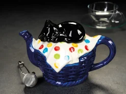Teapots|Carters of Suffolk Black Cat on Blue Basket Teapot