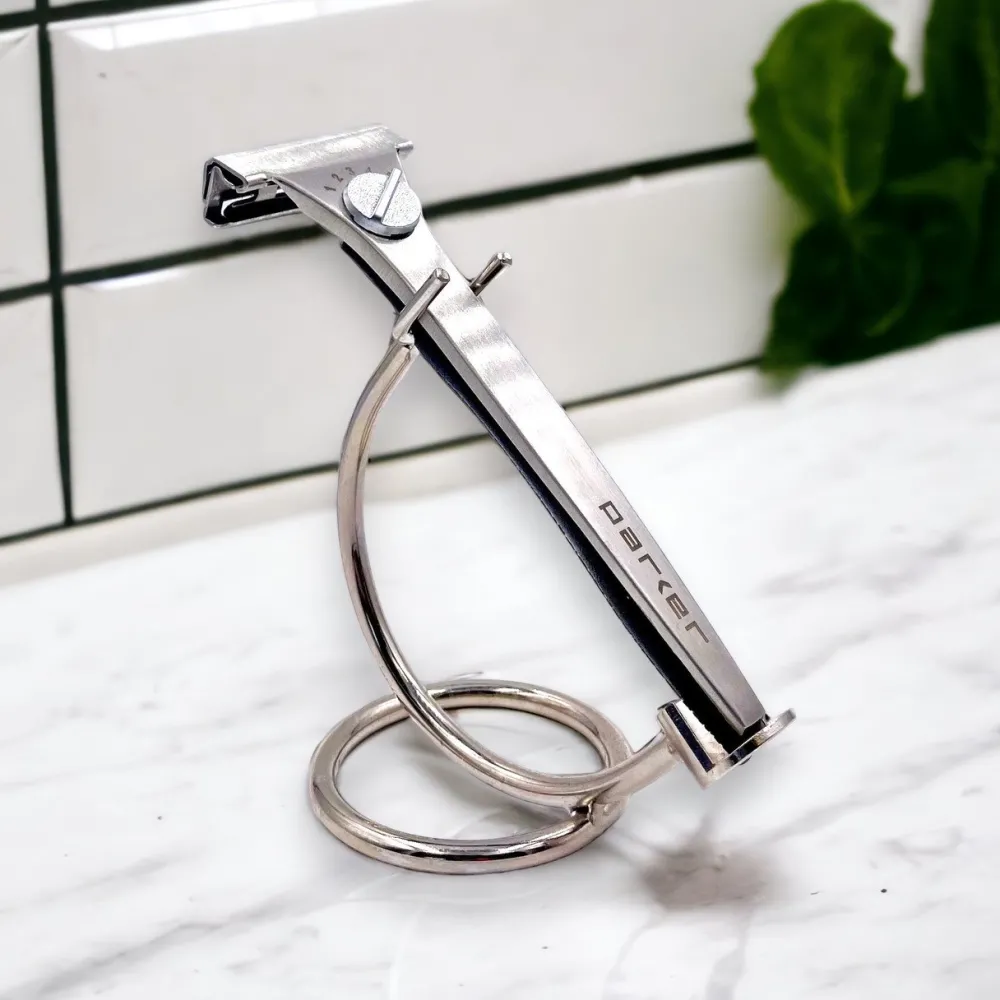Blades & Shave Accessories|Curved Chrome Razor Stand for Safety Razors