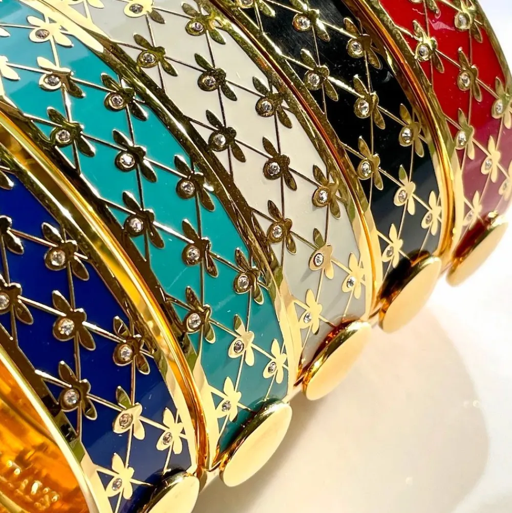 Halcyon Days Bracelets & Bangles|Bee Sparkle Trellis Black & Gold Hinged Bangle