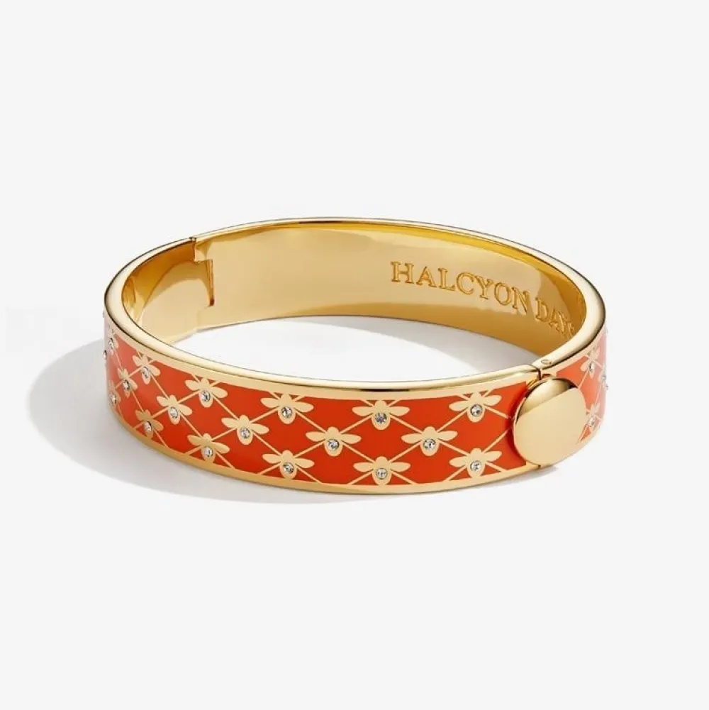 Halcyon Days Bracelets & Bangles|Bee Sparkle Trellis Orange & Gold Hinged Bangle