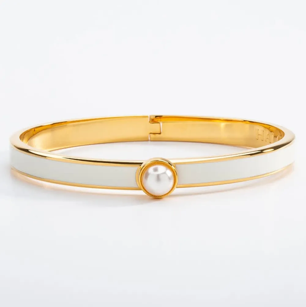 Halcyon Days Bracelets & Bangles|Cabochon Pearl, Cream & Gold Hinged Skinny Bangle