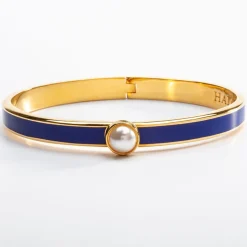 Halcyon Days Bracelets & Bangles|Cabochon Pearl, Cobalt & Gold Hinged Skinny Bangle