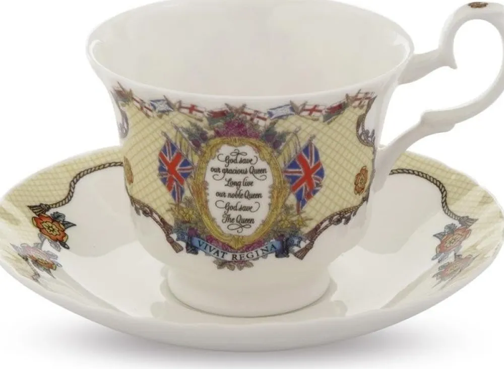 Halcyon Days Halcyon Days China|Halcyon Days|Vivat Regina Ivory Teacup & Saucer
