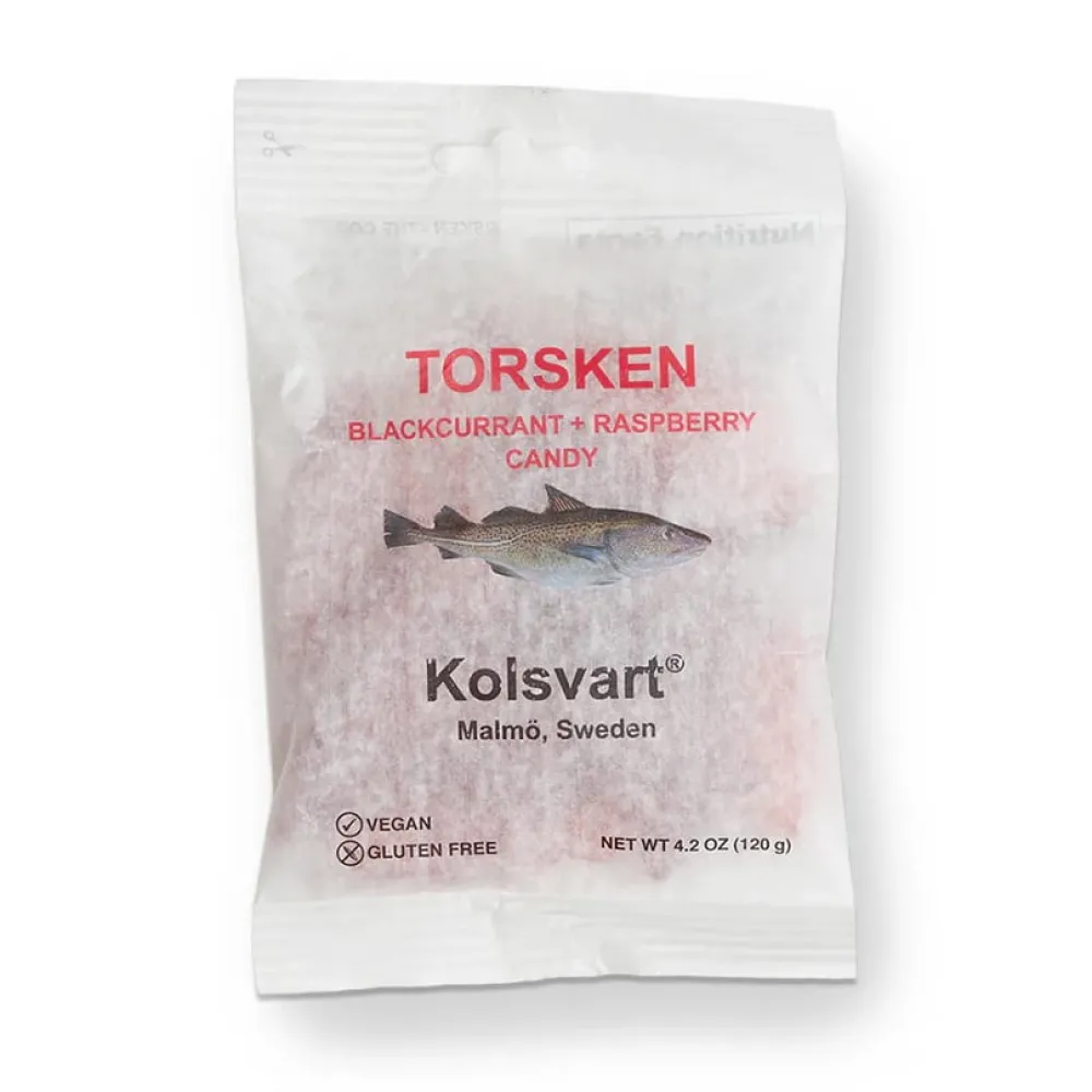 Sweets|Kolsvart Torsken Blackcurrant & Raspberry Candy Fish 120g