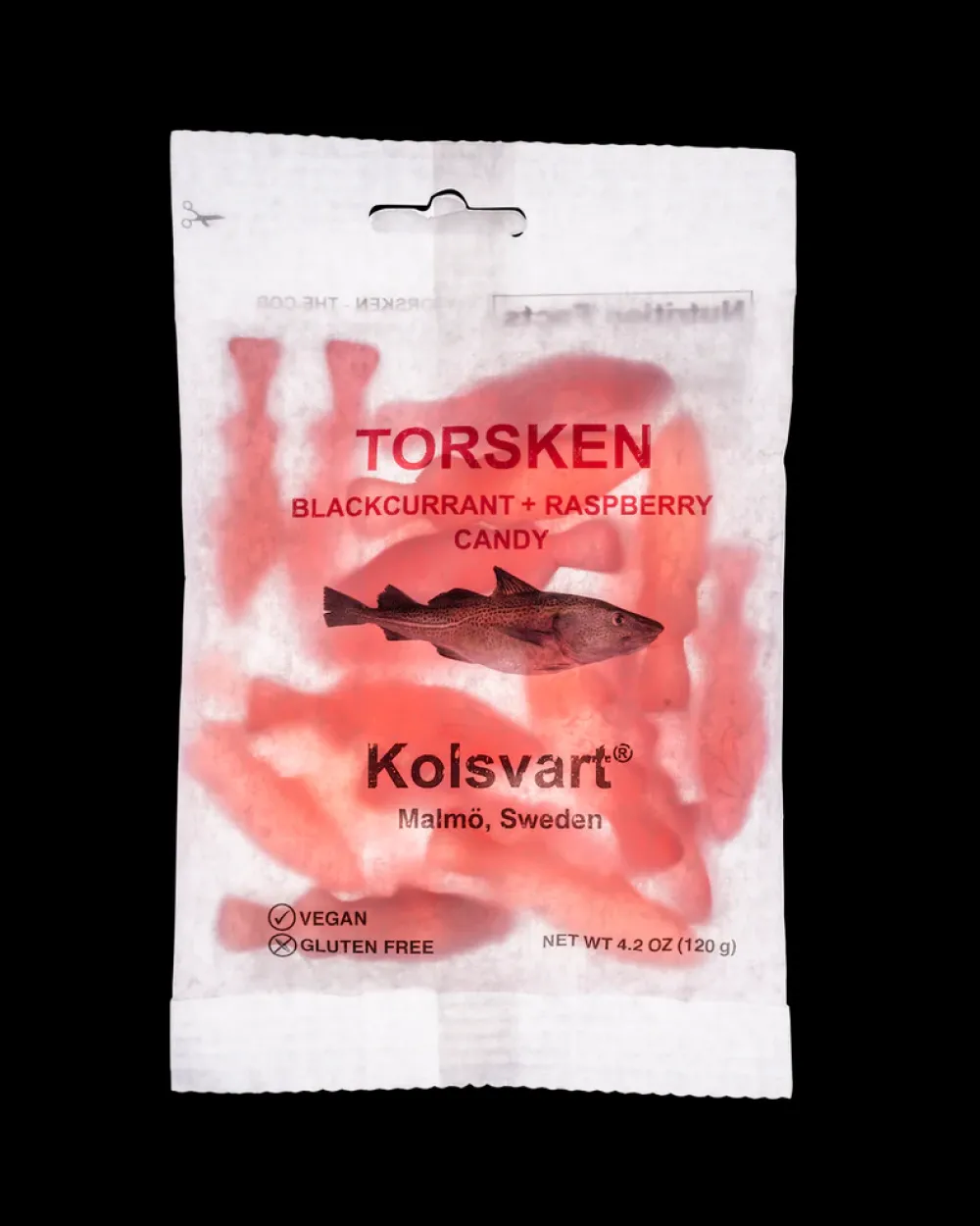 Sweets|Kolsvart Torsken Blackcurrant & Raspberry Candy Fish 120g