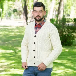 Shirts & Sweaters|Men's V Neck Cable Cardigan (Natural)