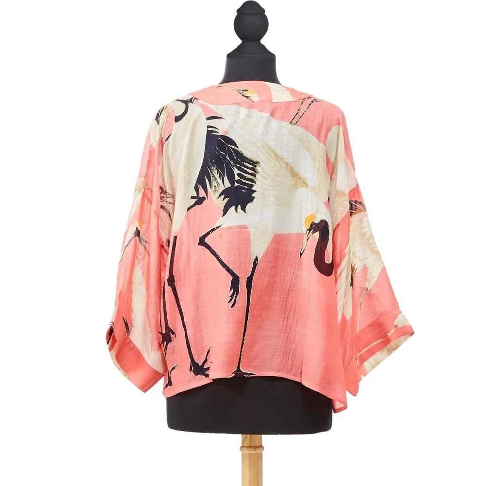 Robes, Nightgowns & Dresses|Peony Pink Heron Print Short Kimono