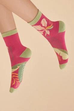 Powder UK Socks|Delicate Tropical Women's Ankle Socks (Dark Rose)
