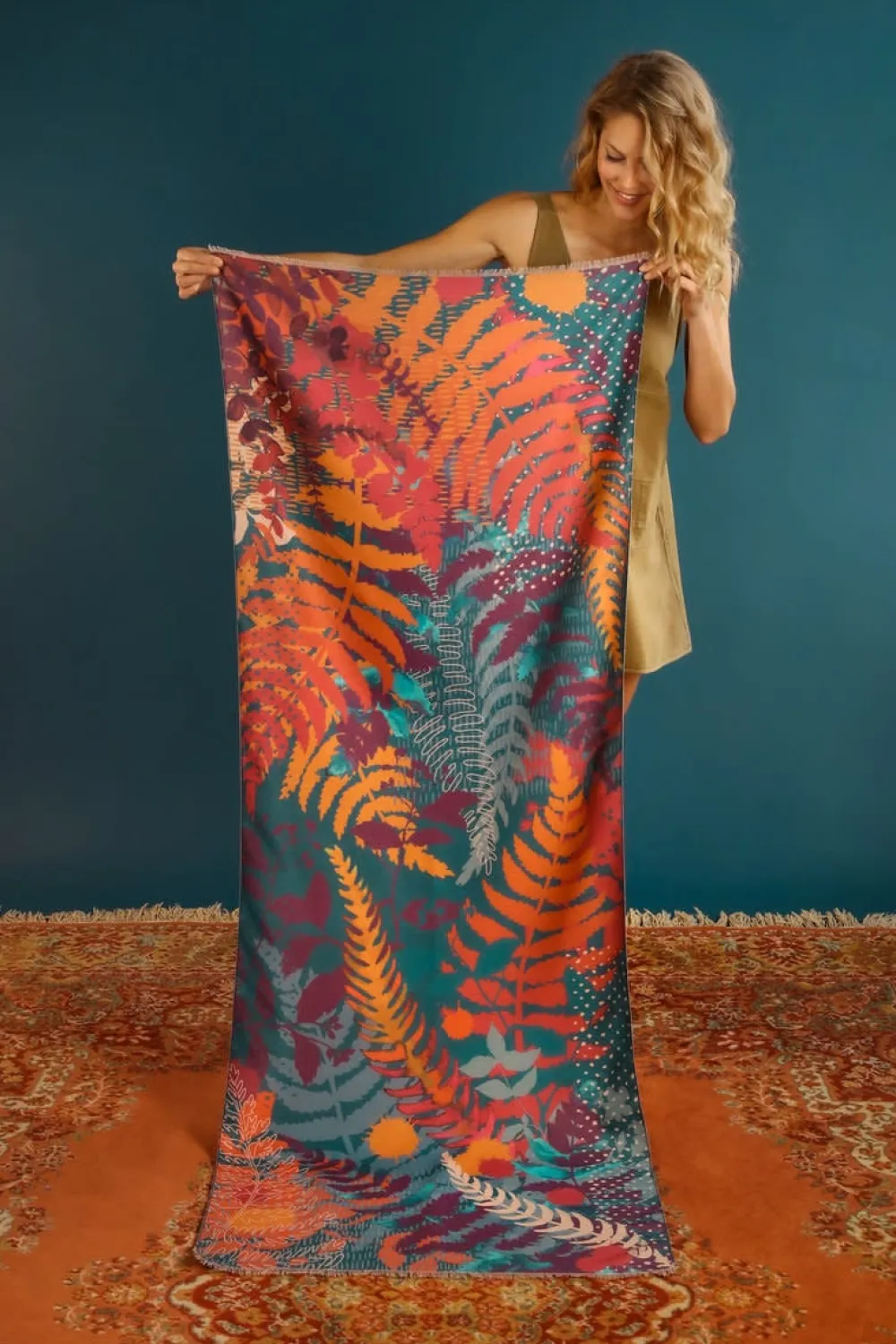 Powder UK Scarves & Wraps|Luxurious Teal Forest Foliage Scarf