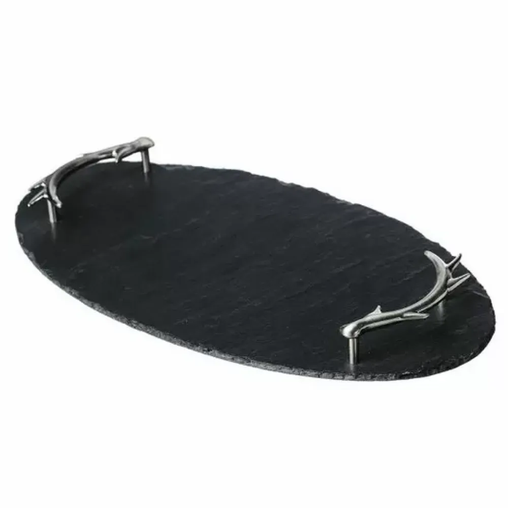 Trays|Slate Oval Serving Tray, Antler Handles