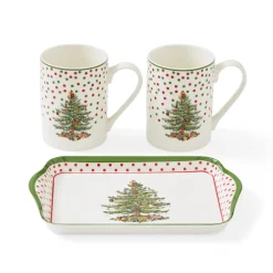 Spode Assorted Mugs|Tea Trays|Christmas Tree Polka Dot Mugs & Tray Set