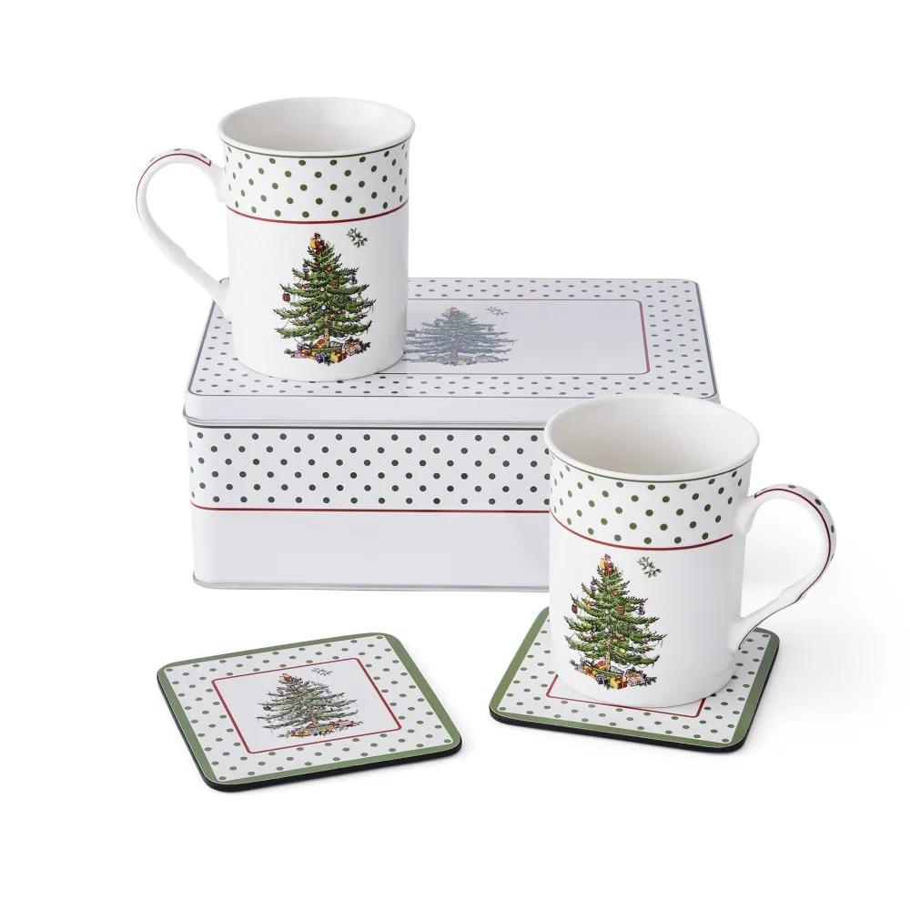 Spode Assorted Mugs|Christmas Tree Polka Dot 5 Piece Mug & Tin Set
