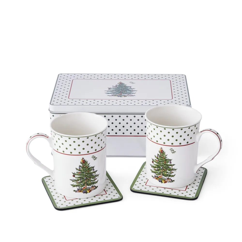 Spode Assorted Mugs|Christmas Tree Polka Dot 5 Piece Mug & Tin Set