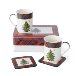 Spode Assorted Mugs|Christmas Tree Tartan 5 Piece Mug and Tin Set