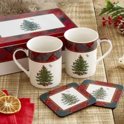 Spode Assorted Mugs|Christmas Tree Tartan 5 Piece Mug and Tin Set