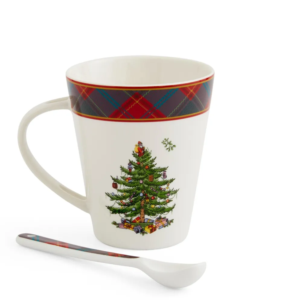 Spode Assorted Mugs|Christmas Tree Tartan Mug & Spoon Set
