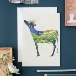Greeting Cards|Watercolor Cow Looking at the Moon Greeting Card