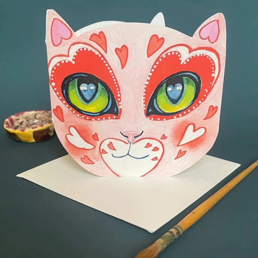 Greeting Cards|Watercolor Love Cat Face Die Cut Greeting Card