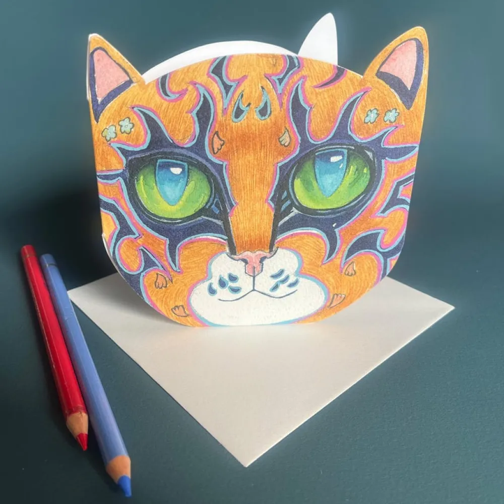 Greeting Cards|Watercolor Orange Cat Face Die Cut Greeting Card