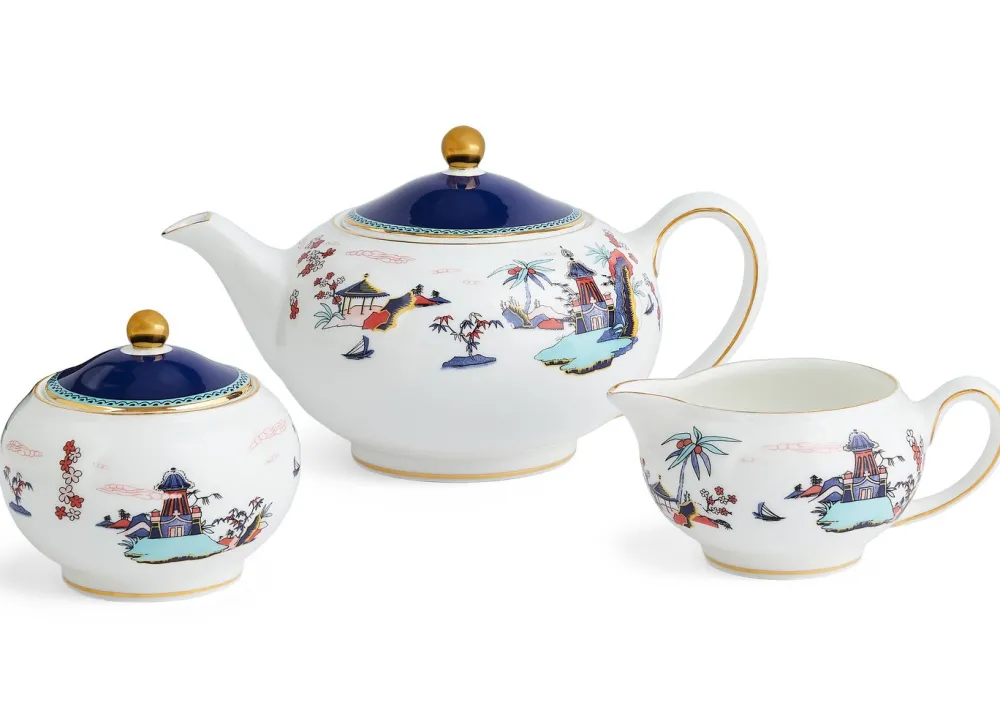 Wedgwood Tea Sets|Teapots|Wonderlust Blue Pagoda 3 Piece Set Boxed (Teapot, Cream & Sugar)