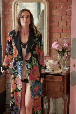 Robes, Nightgowns & Dresses|Woven Flower Black Crepe Robe Gown