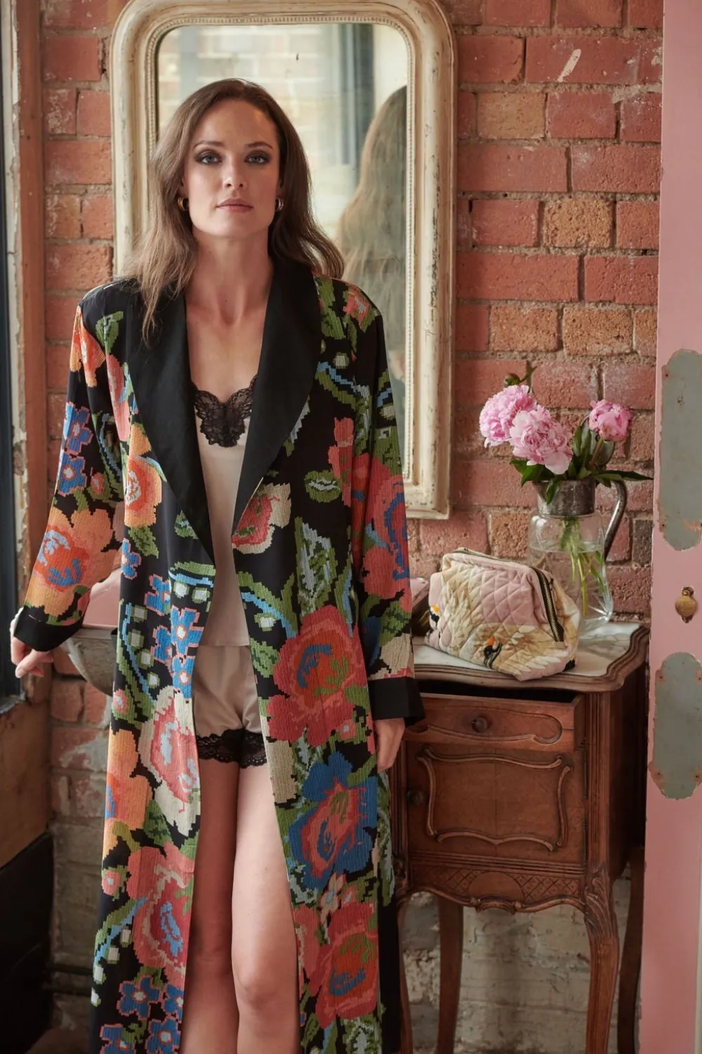 Robes, Nightgowns & Dresses|Woven Flower Black Crepe Robe Gown