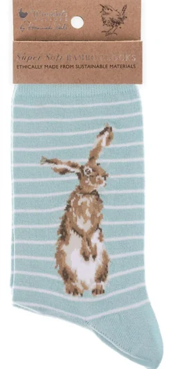 Wrendale Socks|'Hare & the Bee' Hare Striped Pale Blue Women's Socks